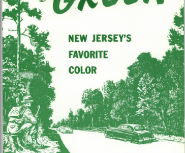 illustration of hiker in forest overlooking a road with cars. Caption reads "Green, New Jersey's favorite color. Help Prevent Forest Fires."