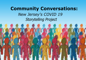 Community Conversations New Jersey's COVID19 Storytelling Project - Drawing of small crowd at bottom of screen