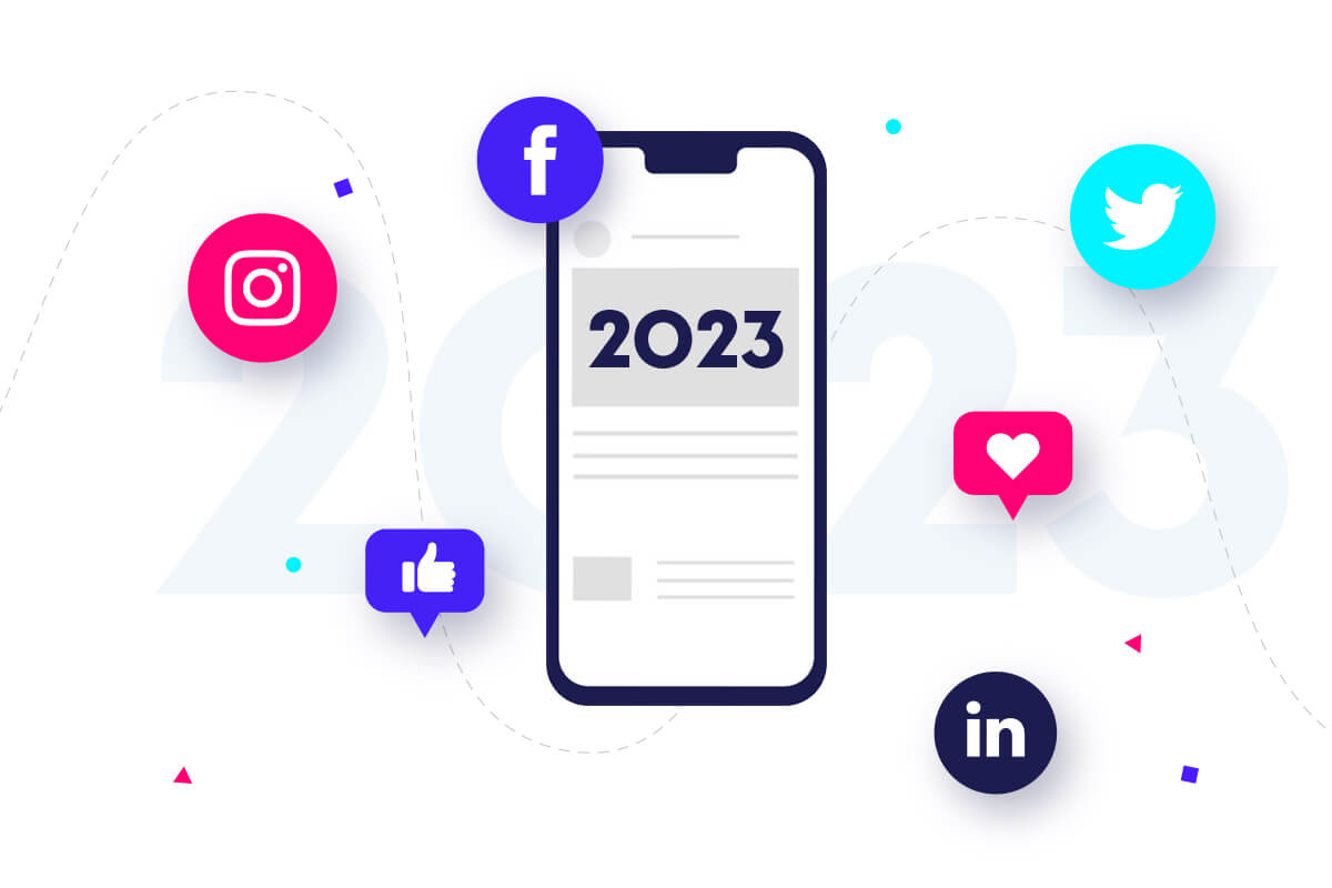 Bubbles floating around iphone that says 2023. Bubbles include Instagram logo, like, Facebook logo, Twitter blue bird logo, heart, and LinkedIn logo.