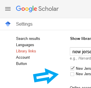 Screenshot of Google Scholar settings page showing library access links for "new jersey state library" with two options listed. An arrow with the text "TESU users, add the first option" points to the first option: New Jersey State Library - Access from NJSL. The second, unchecked option, shows New Jersey State Library Information Center - ProQuest Fulltext
