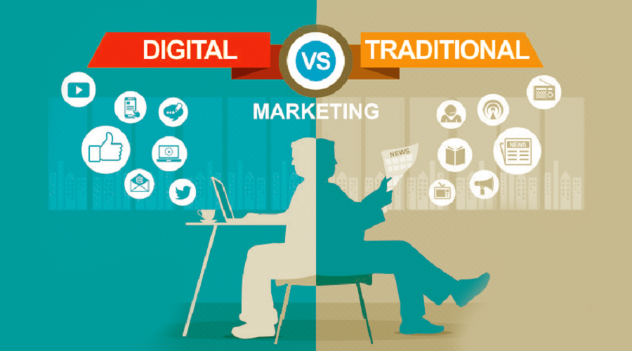 Digital vs. traditional marketing in banner at the top with silhouette of person in chair surrounded by social media logos.