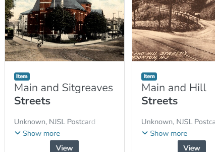 Search results showing postcards with they keyword 'street' in the search box. Six Results include pictures of older pictures of streets and postcards