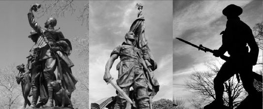 A collage of 3 black and white images of World War 1 monuments in New Jersey. The first picture shows 2 soldiers, a child, and dog with one soldier holding an American flag. The second picture is a soldier holding a sword in one had and holding a large flag in the other. The third picture is a soldier holding a rifle with a bayonet attached.