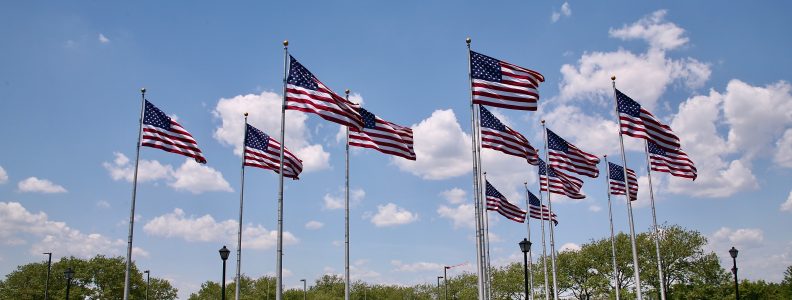 American flags flying at U.S. Flag Plaza at Liberty State Park.