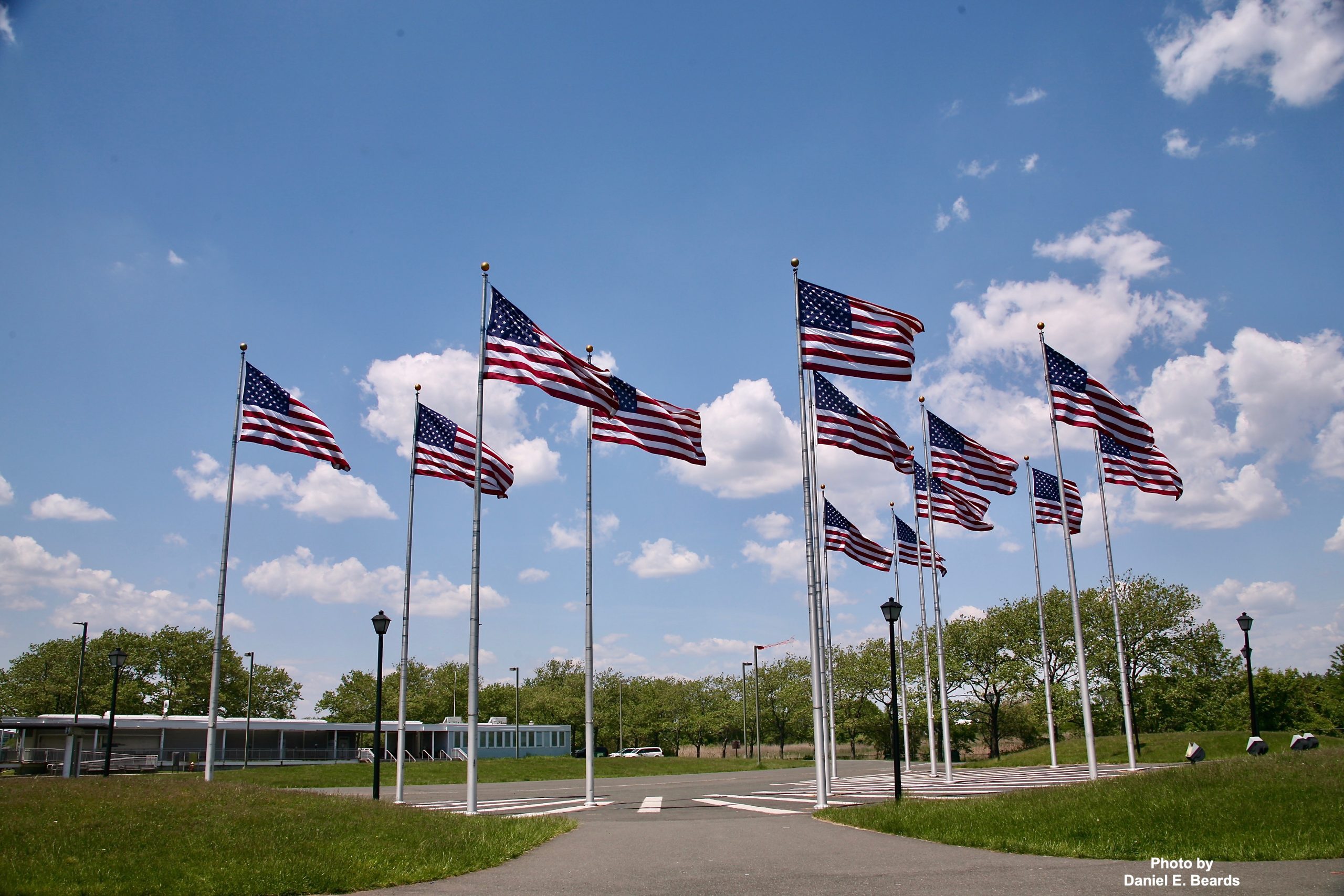 American flags flying at U.S. Flag Plaza at Liberty State Park.